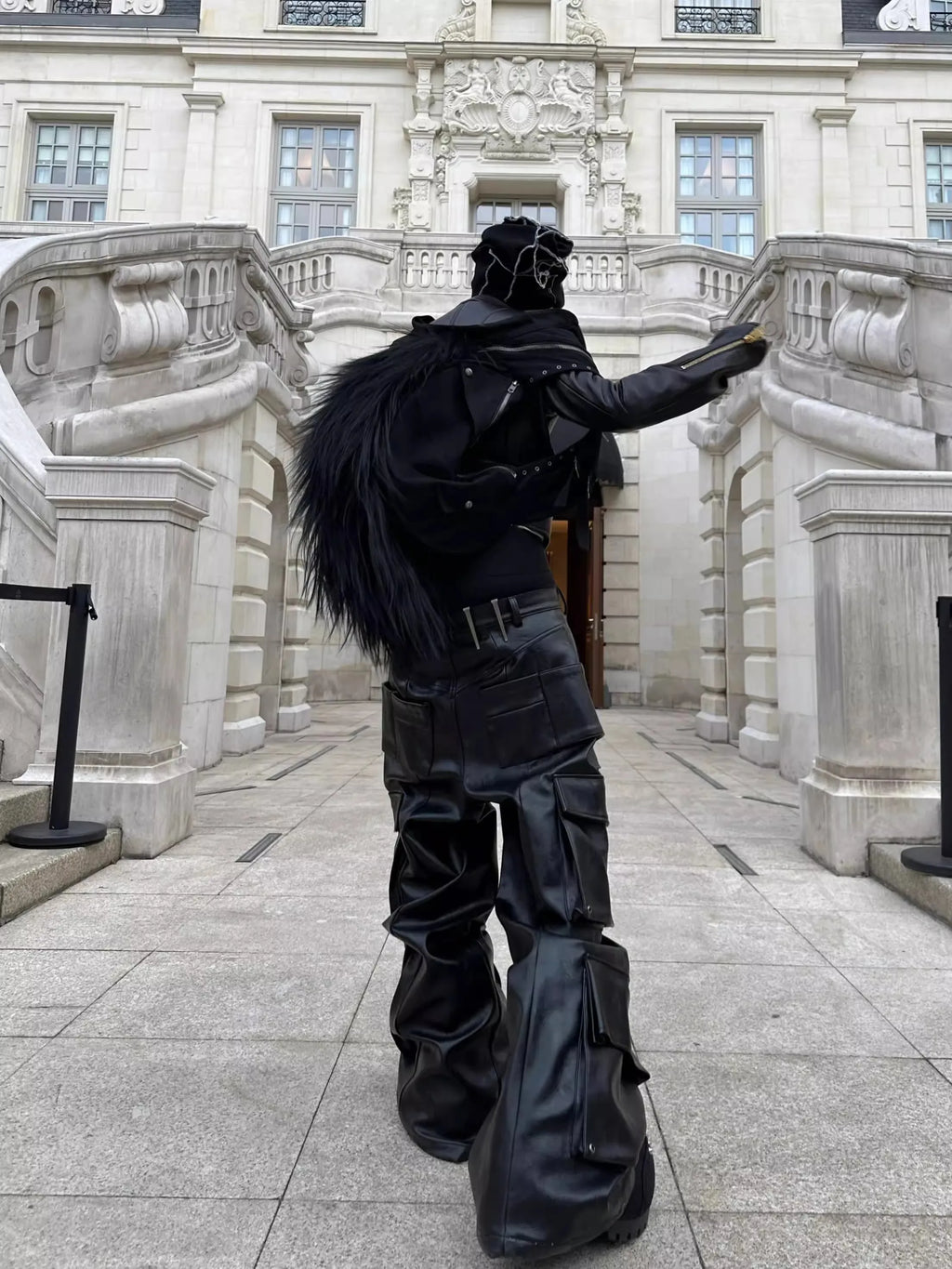 Long Baggy Black Leather Wide Cargo Pants Spring Cool Designer Clothes Streetwear Jiggy
