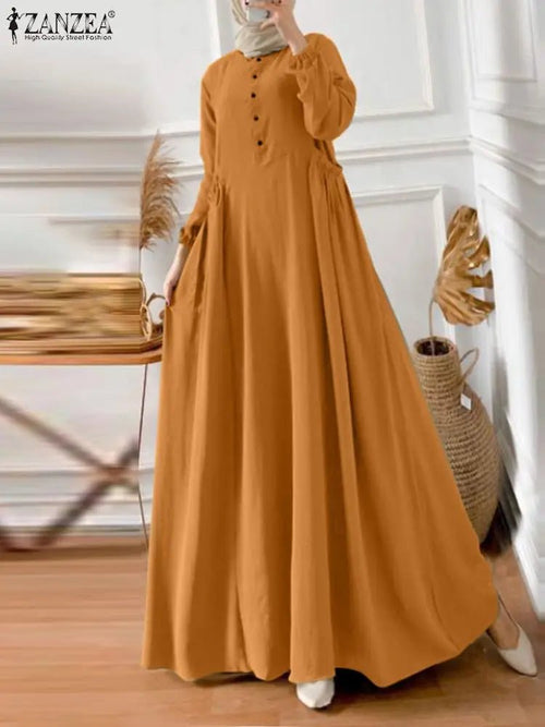 ZANZEA Eid Mubarak Abaya – Muslim Long Sleeve Maxi Dress Turkey Hijab Women