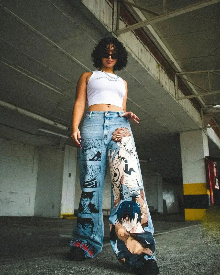 High Street Popular Anime Jeans Y2k Baggy Jeans Vintage Wide Leg Denim PantsStreetwear Couples Trouser Men Clothing - LustTalib