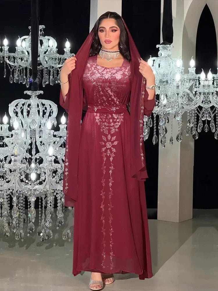 Long Sleeve Hijab Party Dress – Diamond Abaya Chiffon Kaftan Turkey Morocco