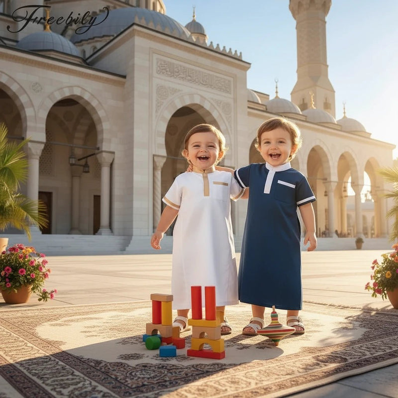 Muslim Baby Boys Robe – Ramadan Eid Kaftan Thobe Satin Dress with Pocket - LustTalib