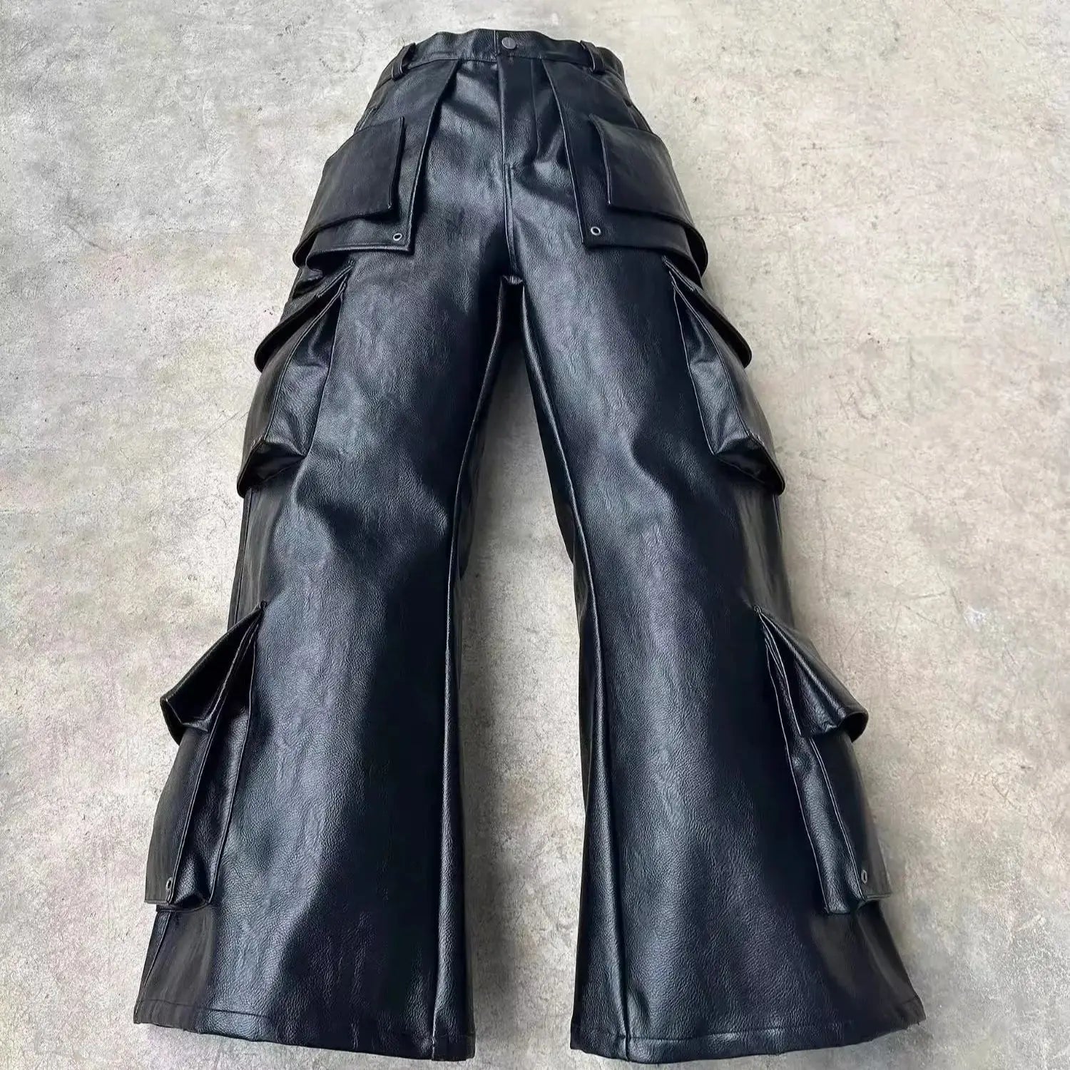 Long Baggy Black Leather Wide Cargo Pants Spring Cool Designer Clothes Streetwear Jiggy