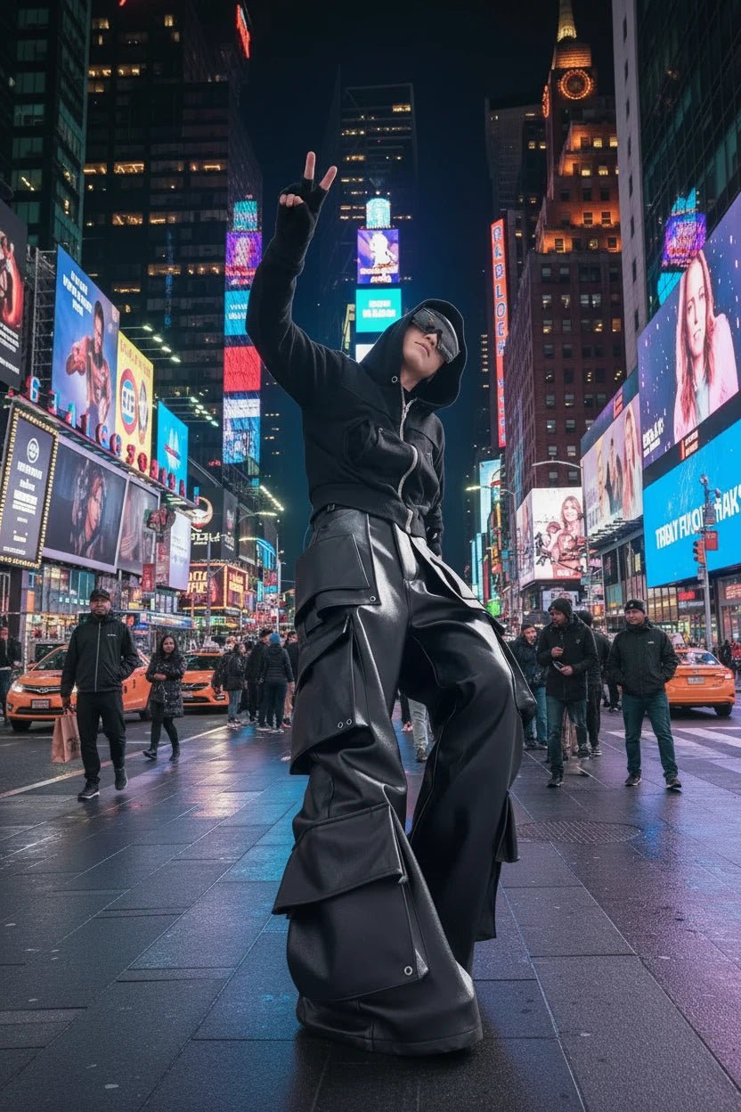 Long Baggy Black Leather Wide Cargo Pants Spring Cool Designer Clothes Streetwear Jiggy - LustTalib