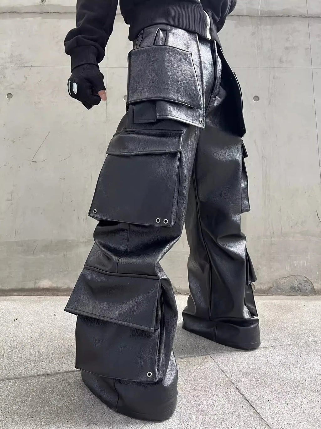 Long Baggy Black Leather Wide Cargo Pants Spring Cool Designer Clothes Streetwear Jiggy