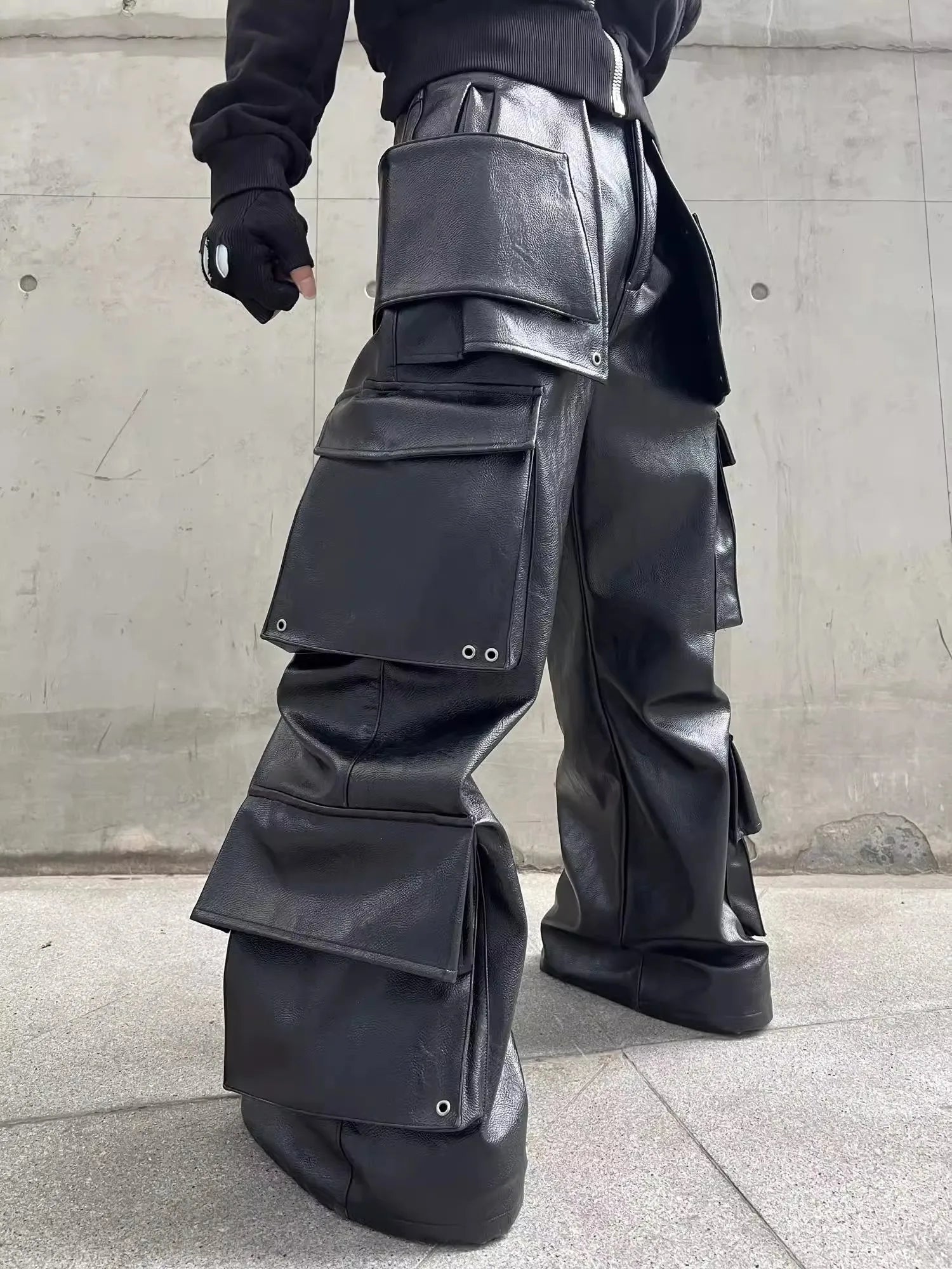 Long Baggy Black Leather Wide Cargo Pants Spring Cool Designer Clothes Streetwear Jiggy