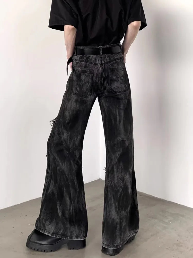 JIGGY Streetwear Washed Black Baggy Stacked Flare Jeans Pants For Men 90S Vintage Clothes
