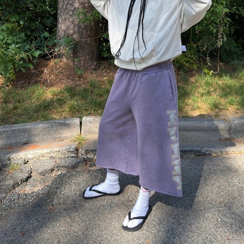 Retro Streetwear perfect Purple Shorts Sunfade Letter Print Capri Pants JIGGY American Hip Hop Casual Unisex Baggy SWEAT - LustTalib